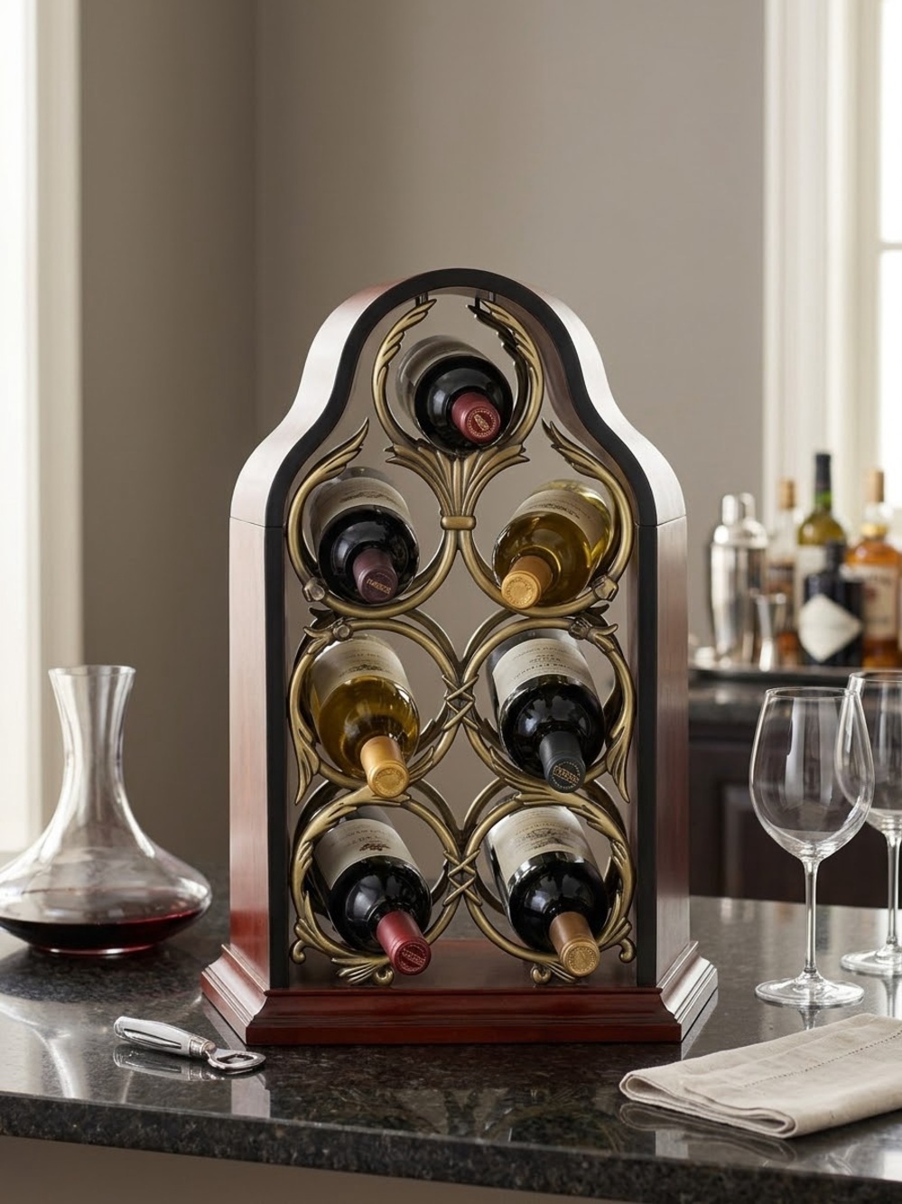 Bombay Wood and Brass-Tone 7-Bottle Countertop Wine Rack - Mahogany and Gold